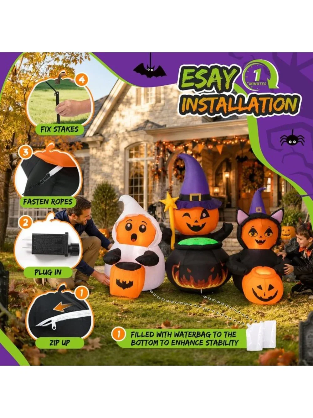 7FT Halloween Inflatable Pumpkin Decor for Outdoor Costume Party, Festive Yard